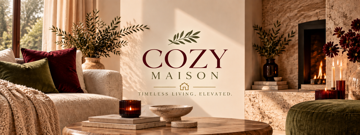 Cozy Maison banner with leaf emblem and text positioned slightly lower