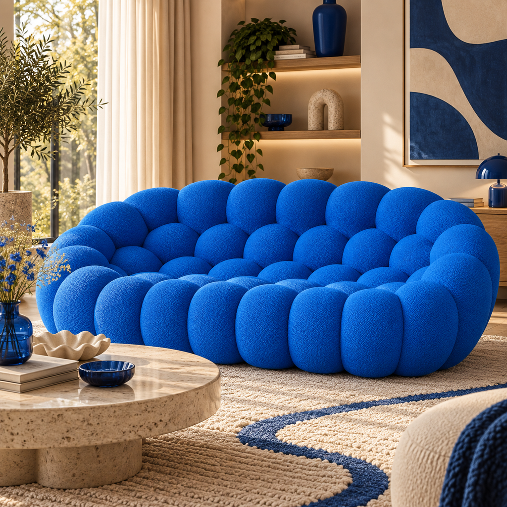 Cobalt blue bubble sofa in a neutral luxury living room with subtle blue accents