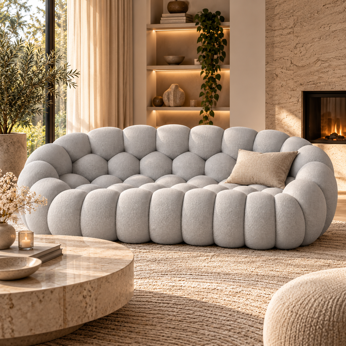 Off-white bubble bouclé sofa styled in a warm luxury living room