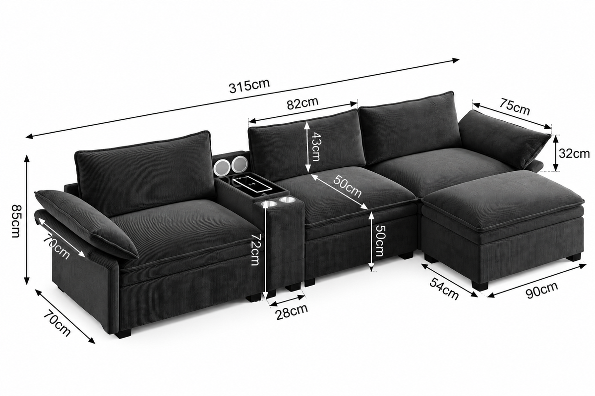Charcoal modular sectional sofa with labeled measurements on a clean white background
