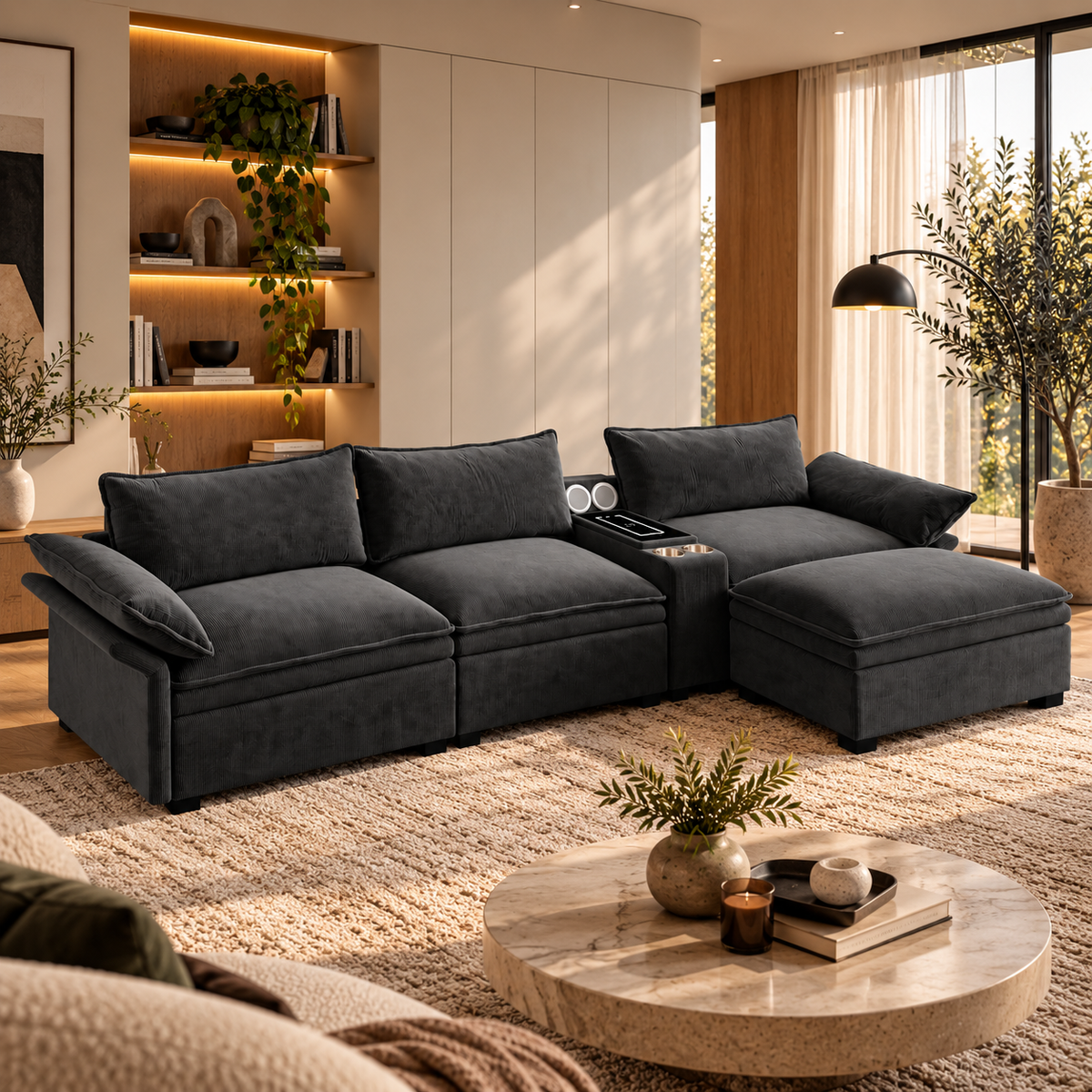 Charcoal modular sectional sofa in a warm contemporary living room with cream rug, natural wood, soft lighting and greenery