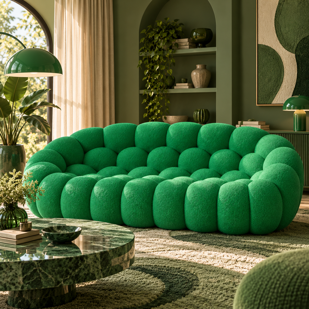 Emerald green bubble sofa in a coordinated green and cream luxury living room