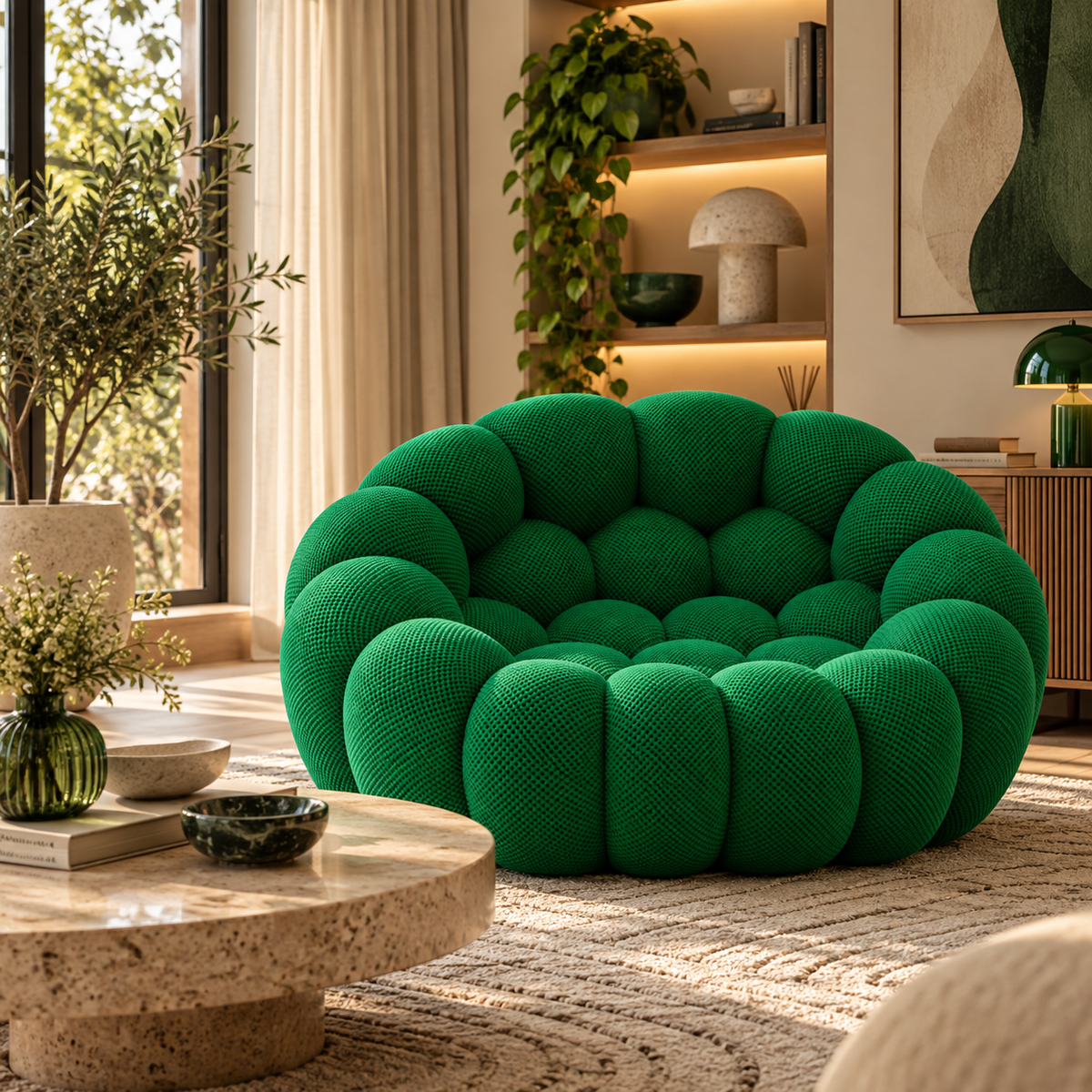 Emerald green bubble chair in a warm neutral living room with wood, cream and subtle green accents