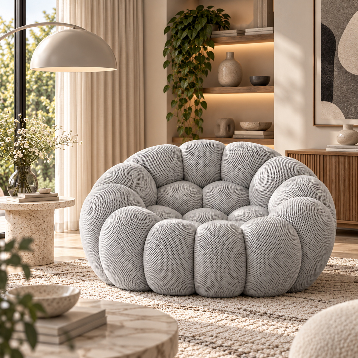 Dove grey bubble lounge chair in a warm neutral living room with wood, cream and natural green accents