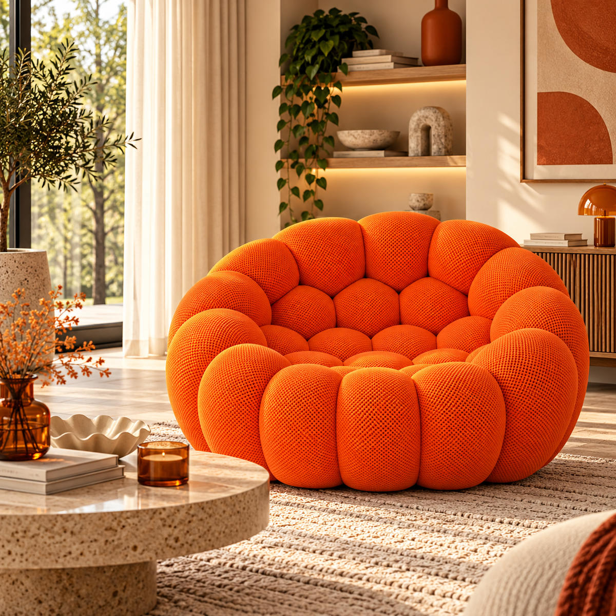 Orange bubble chair in a warm neutral living room with beige, natural wood and subtle terracotta accents