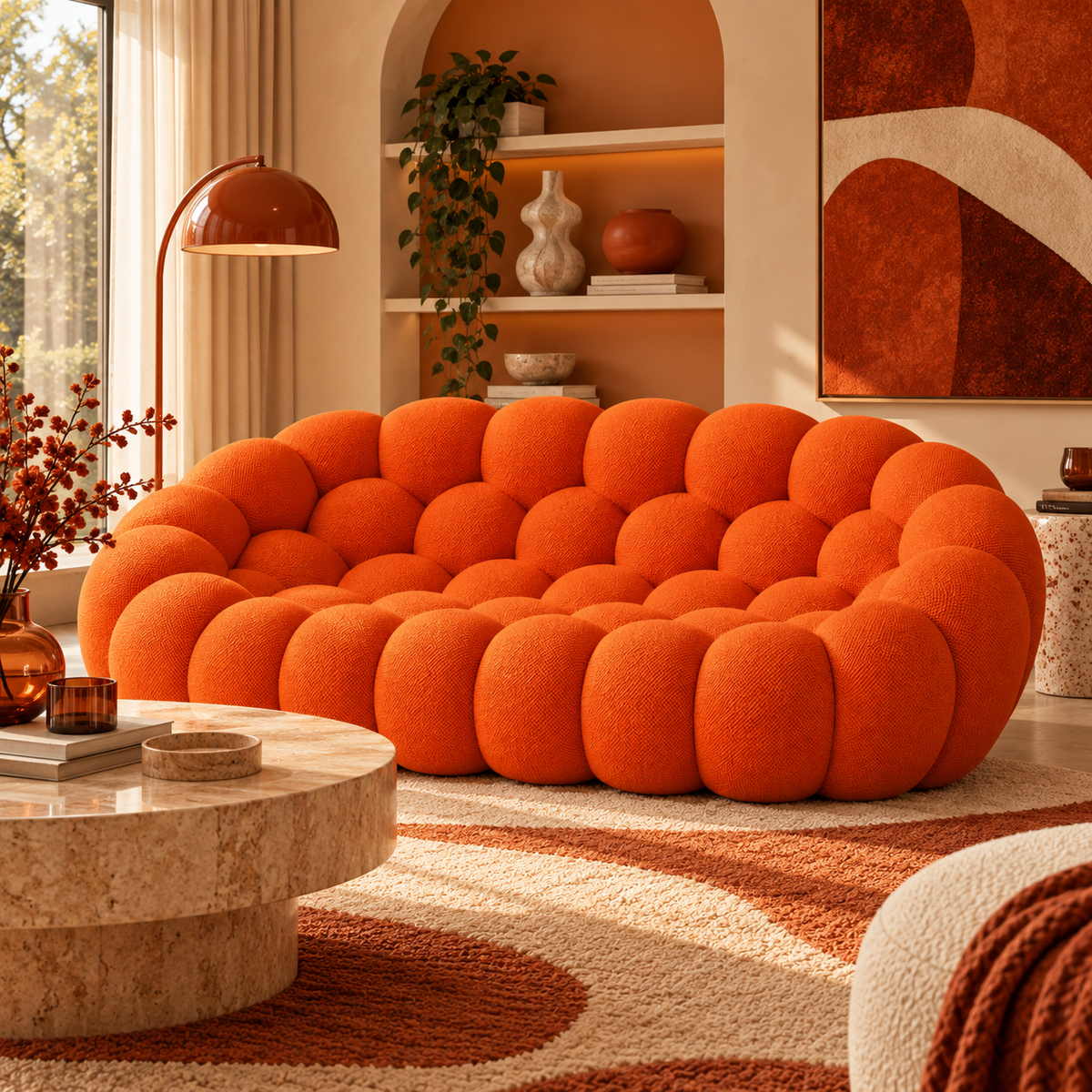 Orange bubble bouclé sofa styled in a warm terracotta and cream modern living room