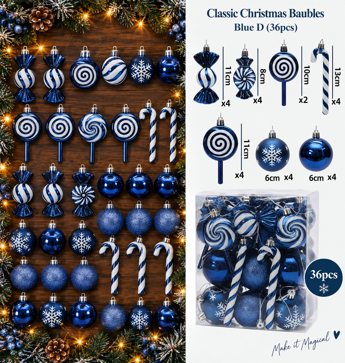 Classic Christmas Baubles Blue D 36 piece professional product overview