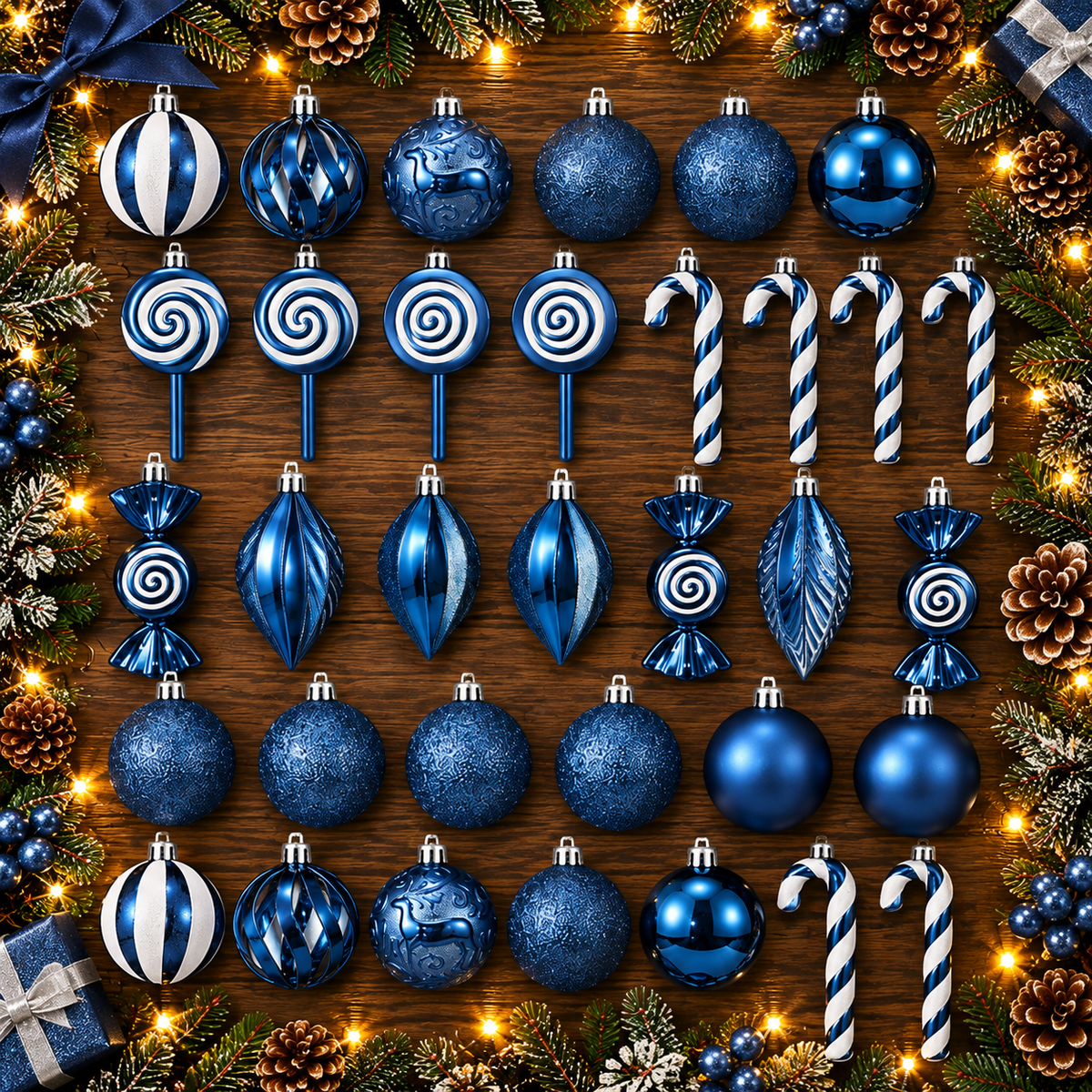 Classic Christmas Baubles Blue E 40 piece set arranged individually on a festive table