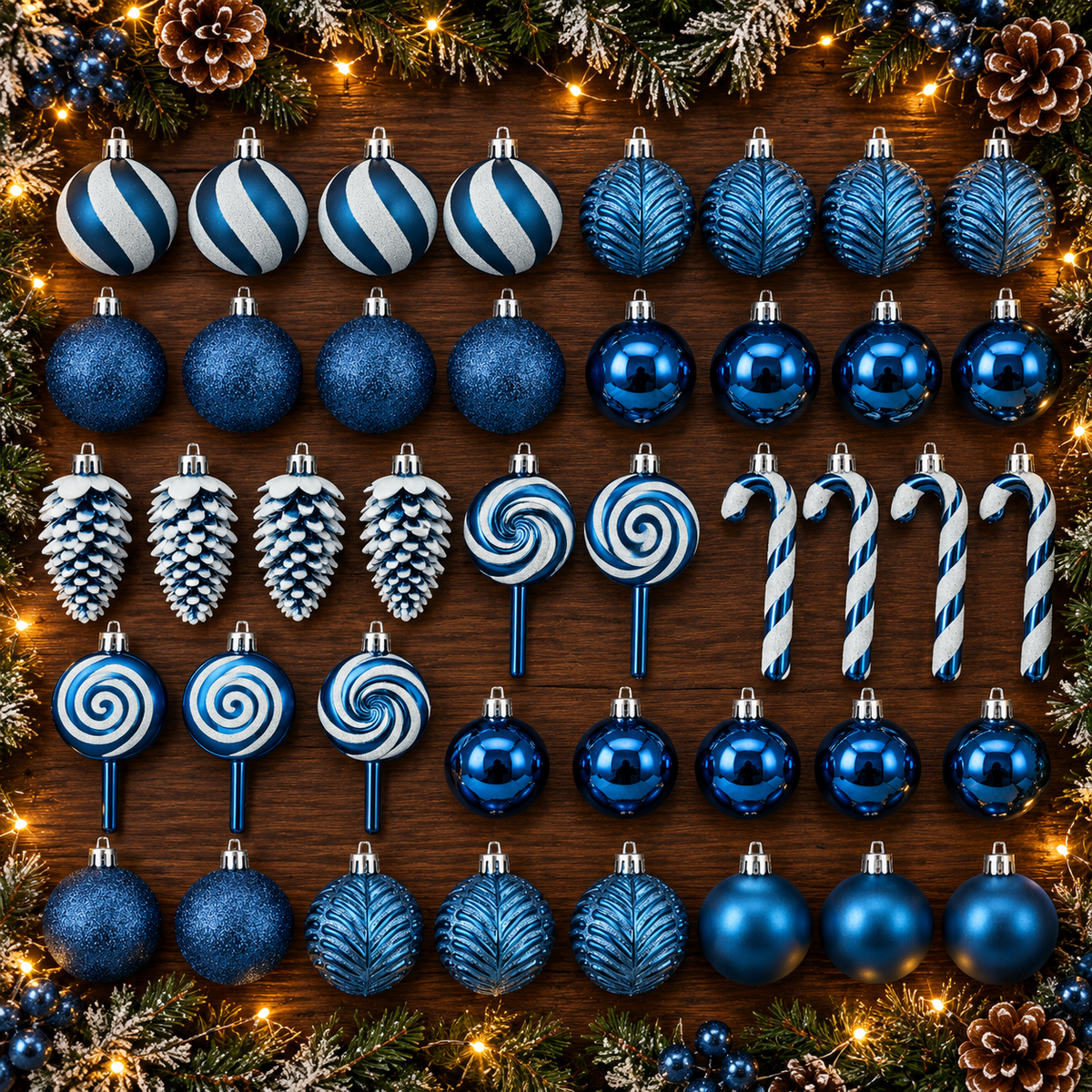 Classic Christmas Baubles Blue F 40 piece set arranged on a table