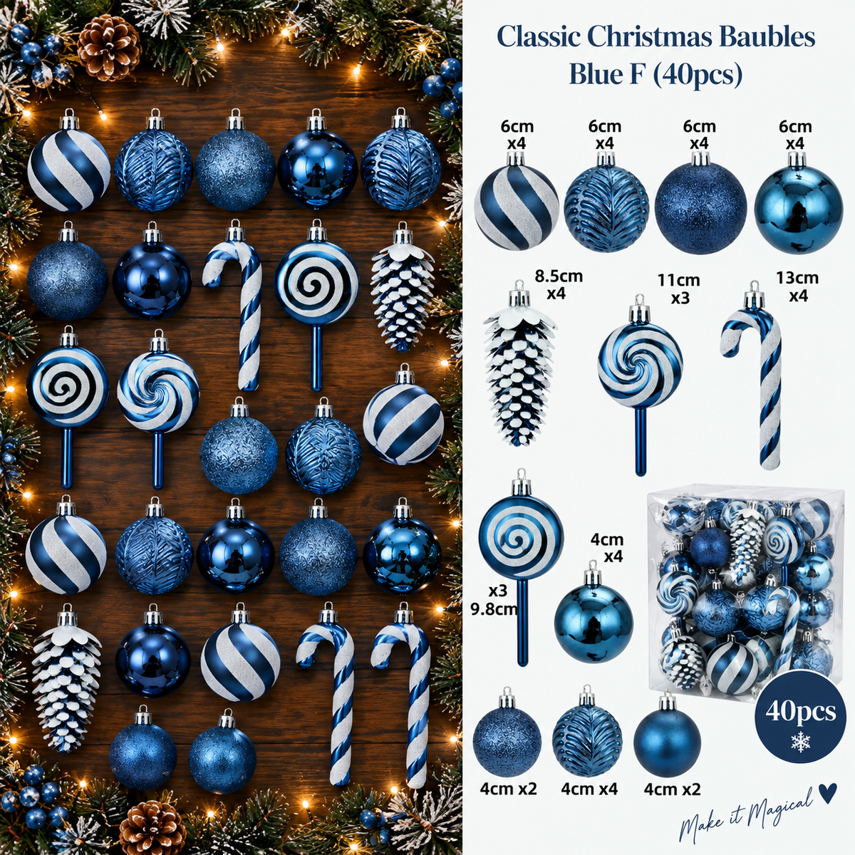 Classic Christmas Baubles Blue F 40 piece professional product overview