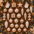 Classic Christmas Baubles Champagne C 29 piece set arranged individually on a festive table