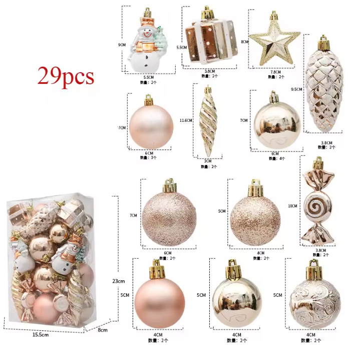 Classic Christmas Baubles Champagne C 29 piece product overview with all ornaments and quantities