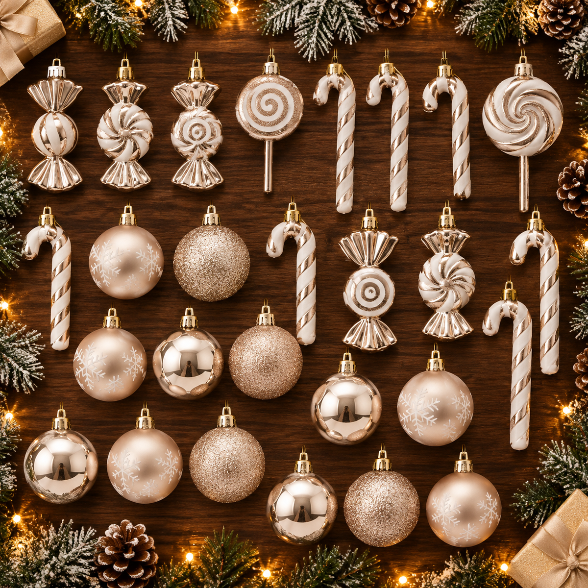Classic Christmas Baubles Champagne D 36 piece set arranged individually on a festive table