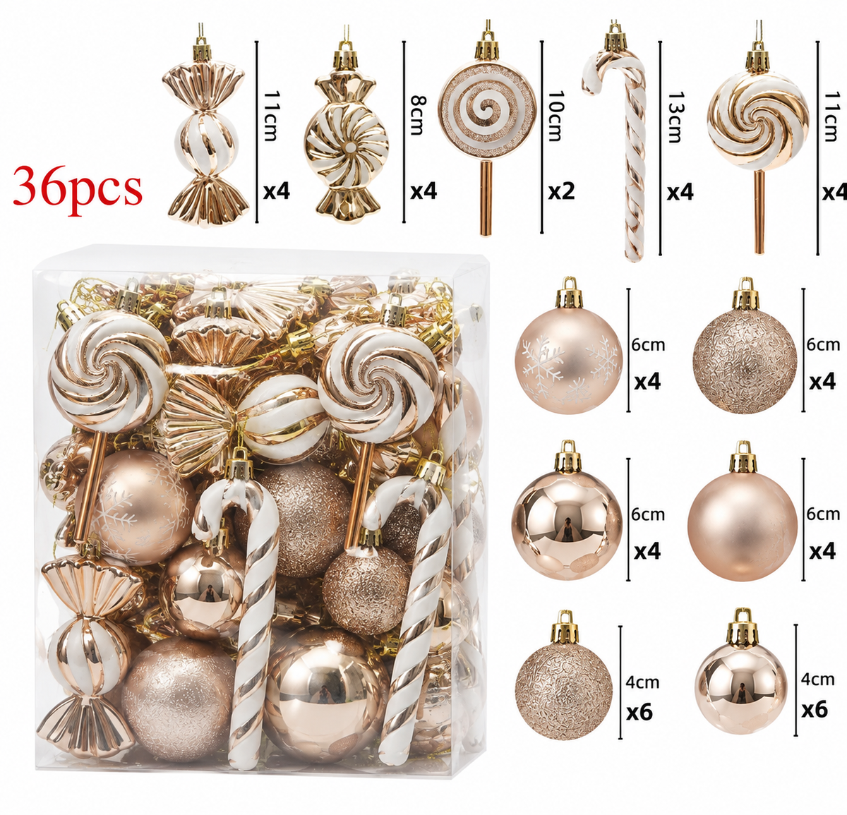 Classic Christmas Baubles Champagne D 36 piece product overview with all ornaments and quantities