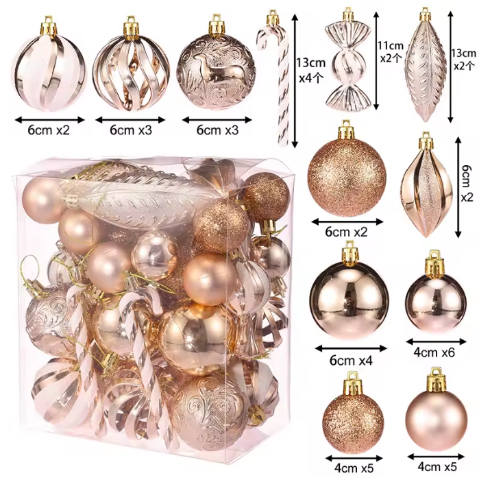 Classic Christmas Baubles Champagne E 40 piece product overview with all ornaments and quantities