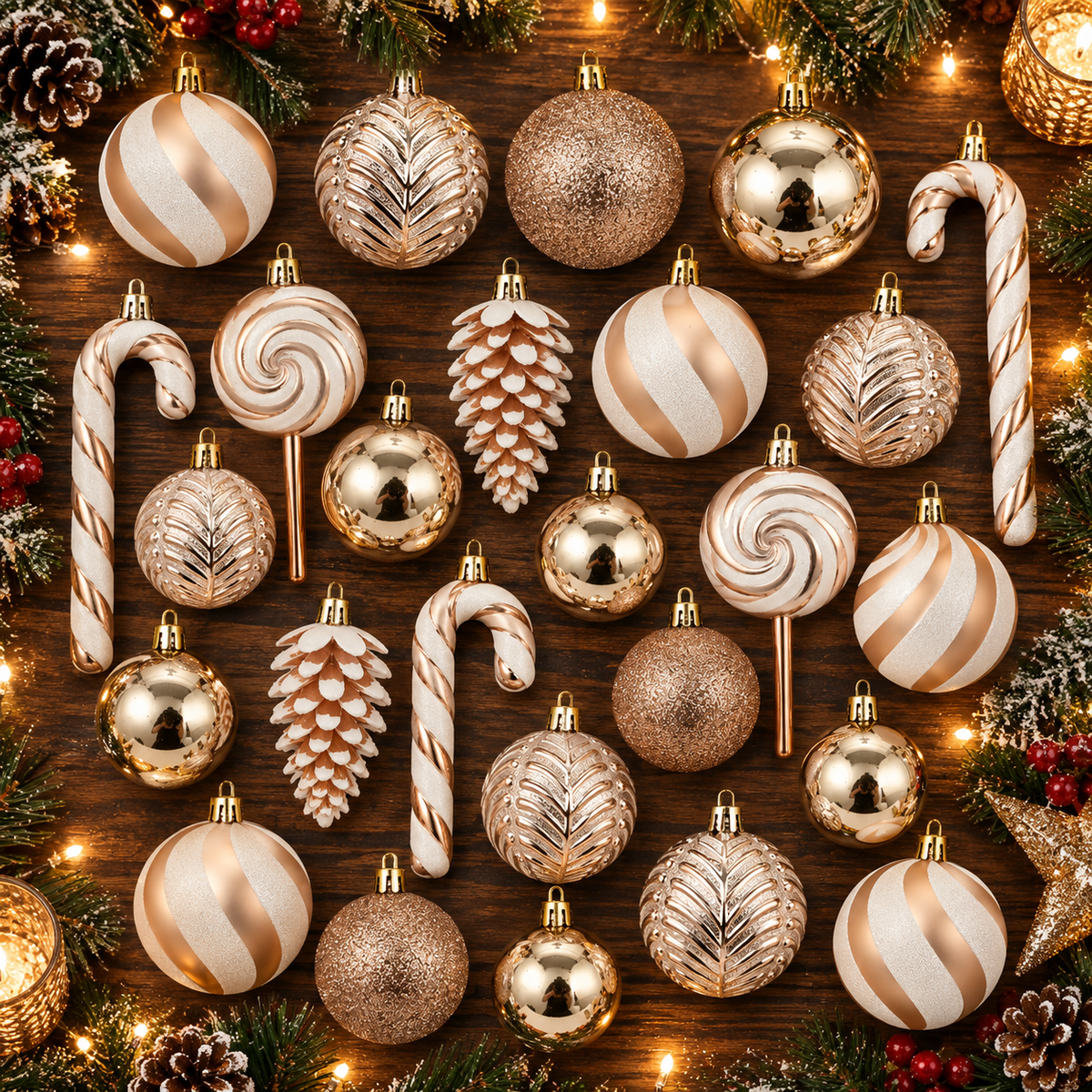 Classic Christmas Baubles Champagne F 40 piece set arranged on a table