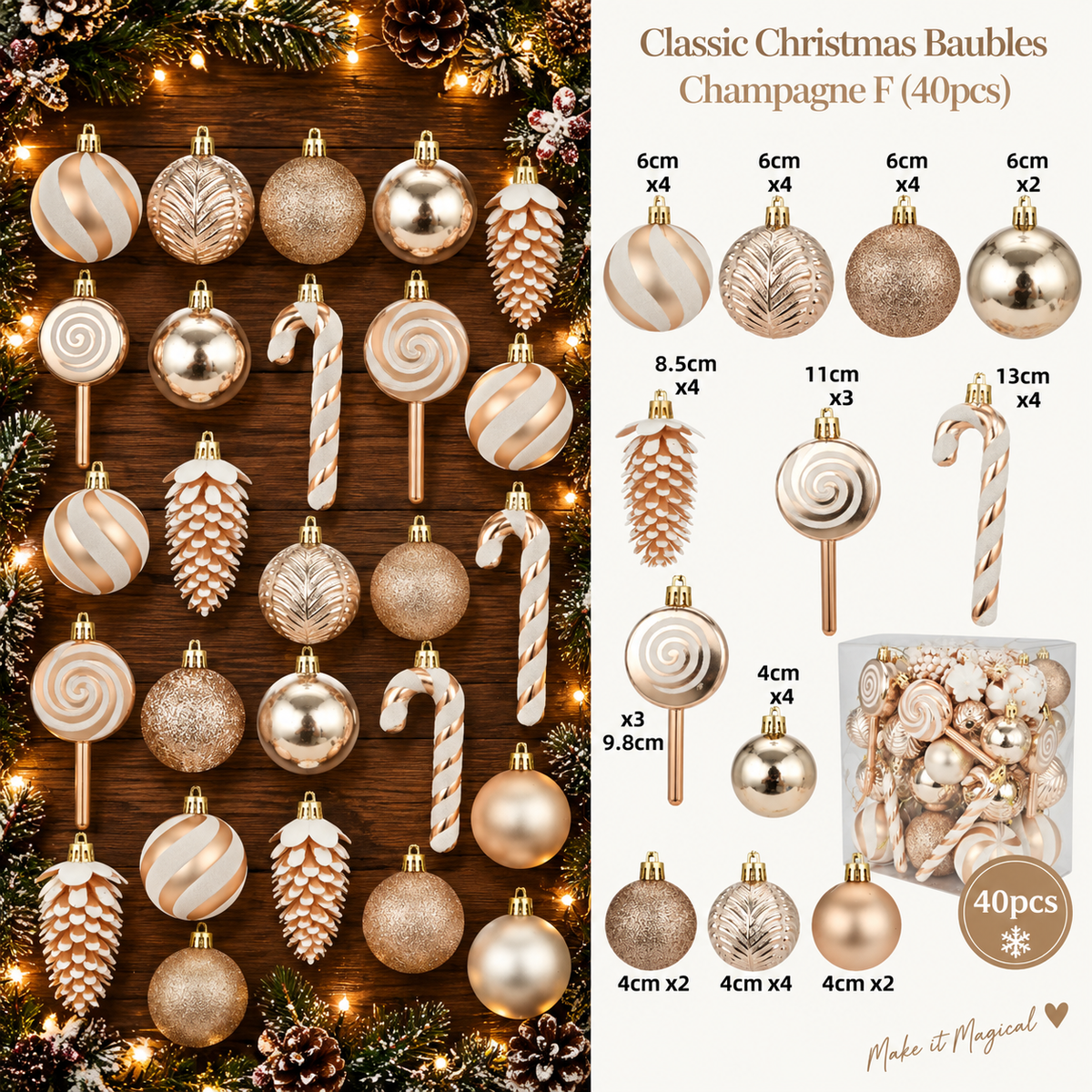Classic Christmas Baubles Champagne F 40 piece professional product overview