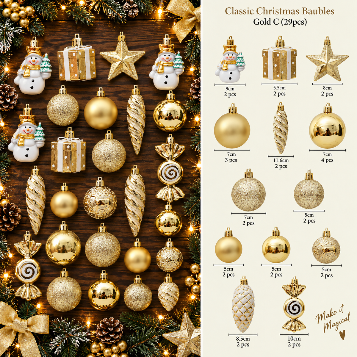 Classic Christmas Baubles Gold C 29 piece product overview with all ornaments and quantities