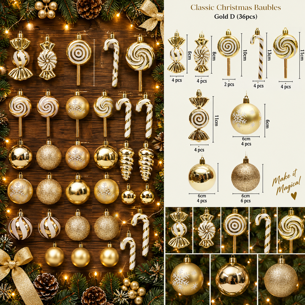 Classic Christmas Baubles Gold D 36 piece product overview with all ornaments and quantities