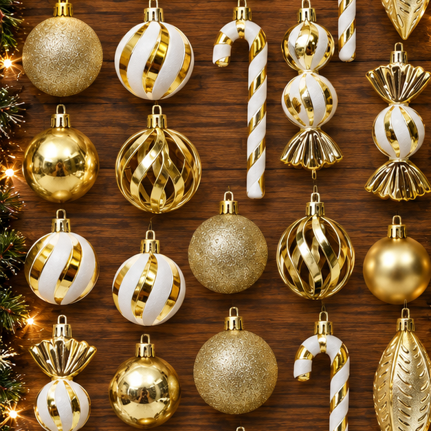 Classic Christmas Baubles Gold E 40 piece set arranged on a table