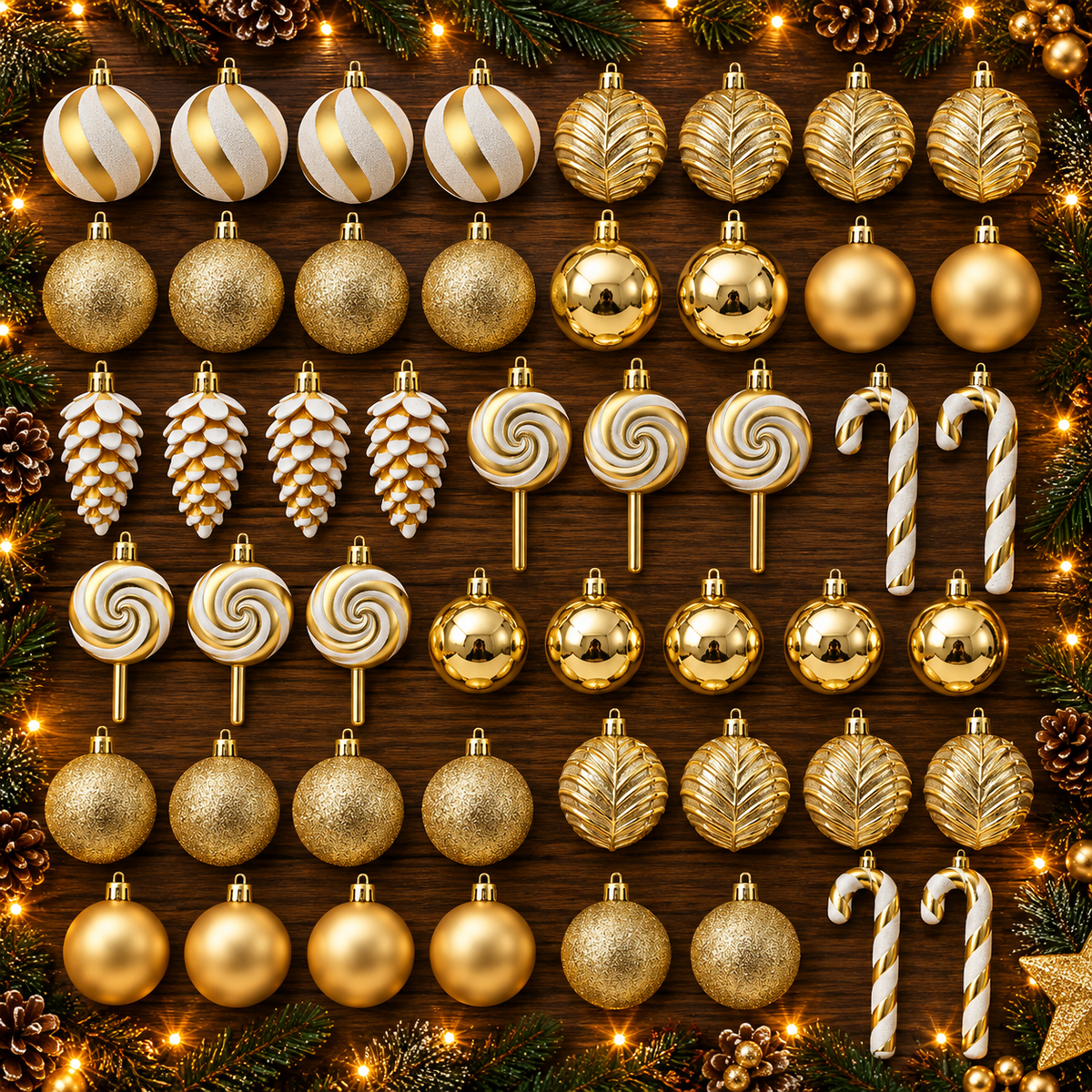Classic Christmas Baubles Gold F 40 piece set arranged individually on a festive table