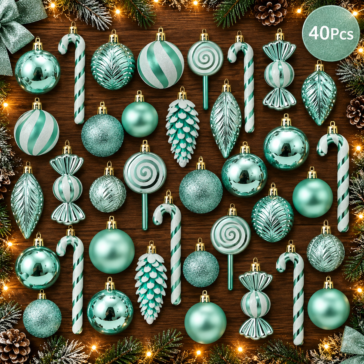 Classic Christmas Baubles Green F 40 piece set arranged individually on a festive table