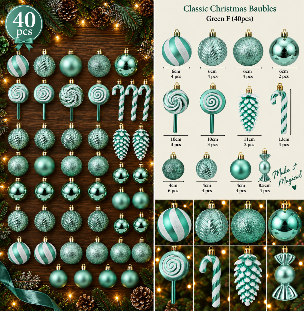Classic Christmas Baubles Green F 40 piece product overview with all ornaments and quantities