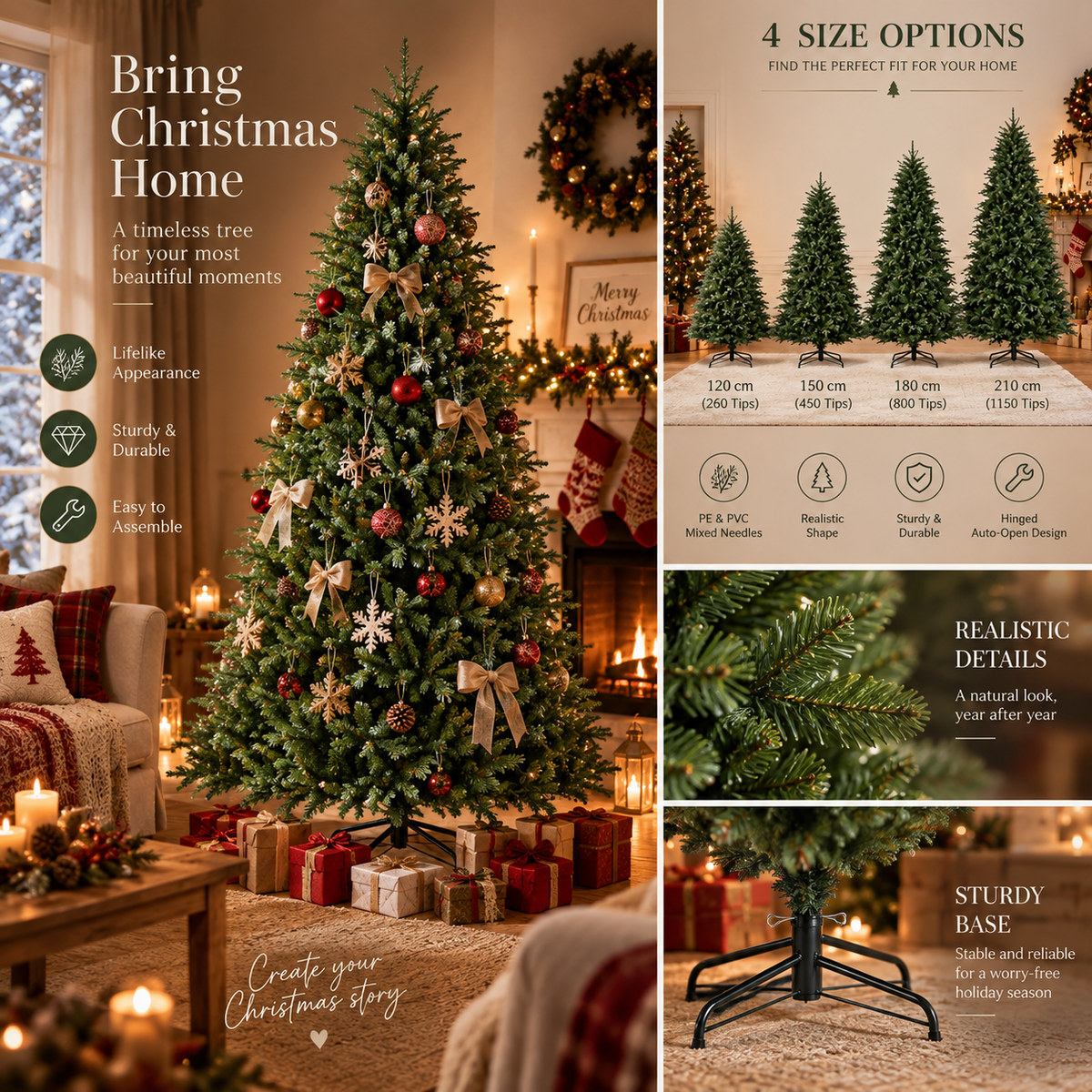 PE and PVC artificial Christmas tree in a warm festive Christmas setting, available in four sizes