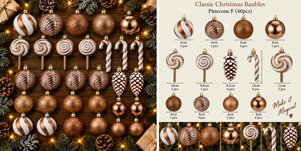 Classic Christmas Baubles Pinecone F 40 piece product overview with all ornaments and quantities