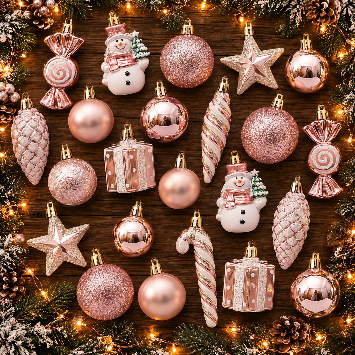Classic Christmas Baubles Rose Gold C 29 piece set arranged on a table