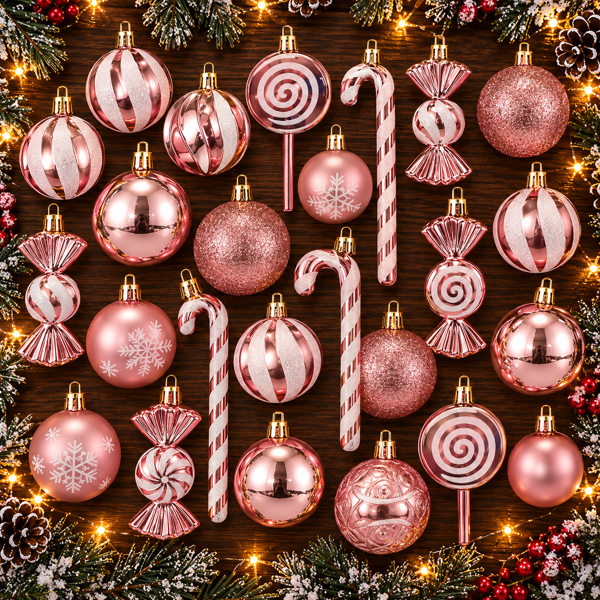 Classic Christmas Baubles Rose Gold D 36 piece set arranged on a table