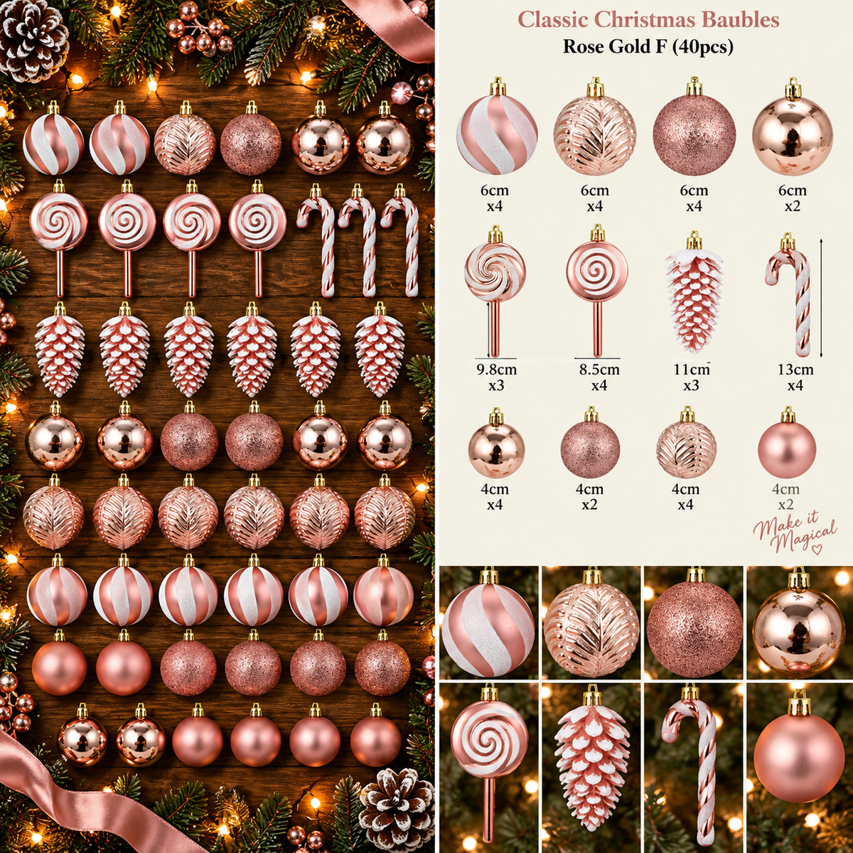 Classic Christmas Baubles Rose Gold F 40 piece professional product overview