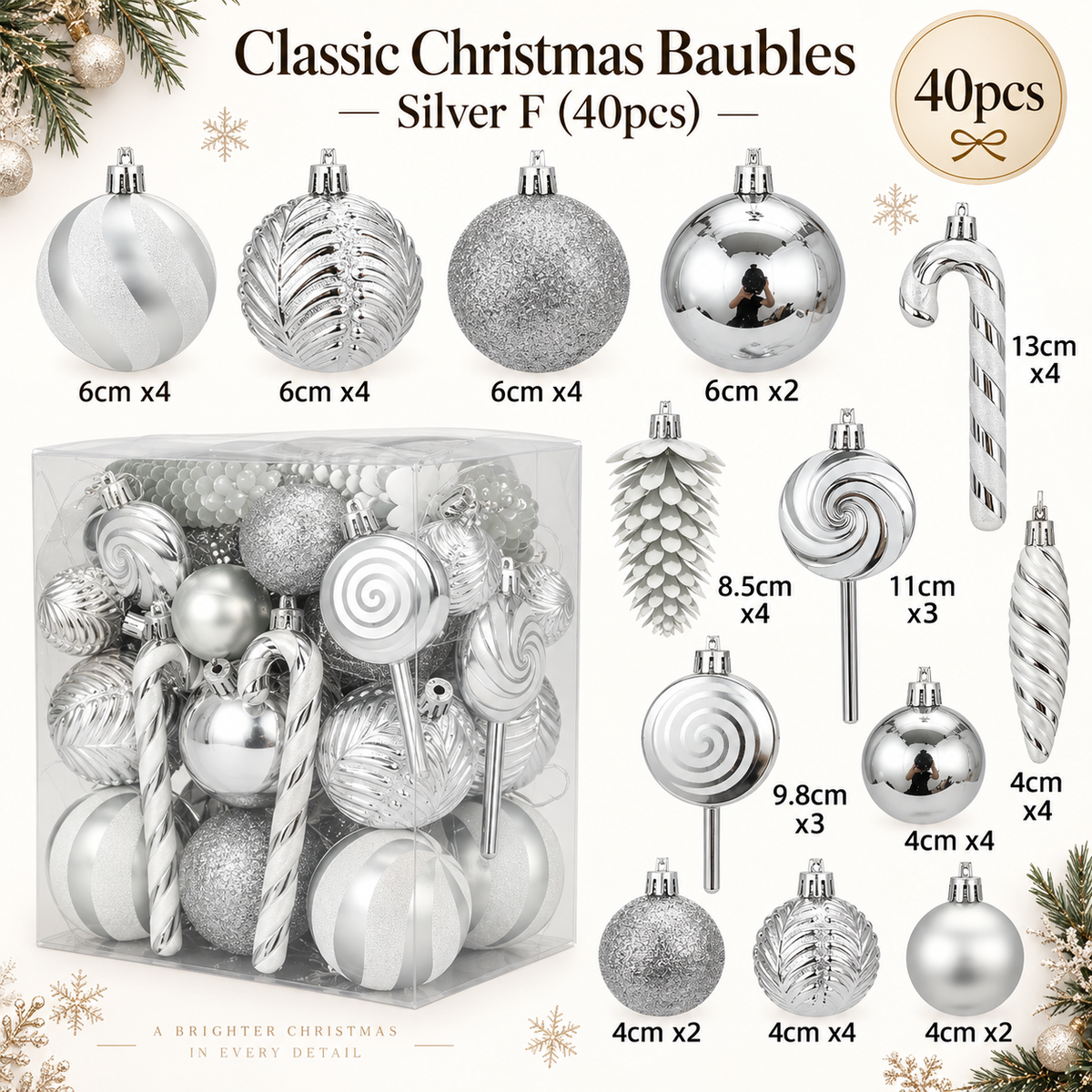 Classic Christmas Baubles Silver F 40 piece professional product overview