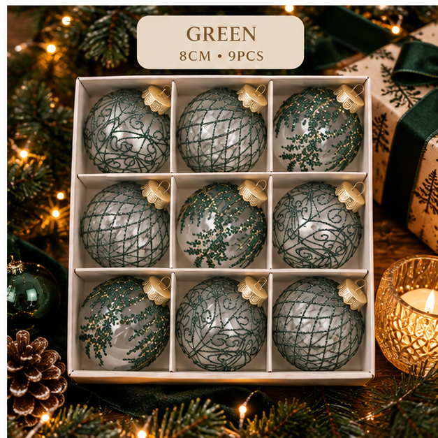 Velvet Christmas Bauble Set Green variant, 8cm 9pcs
