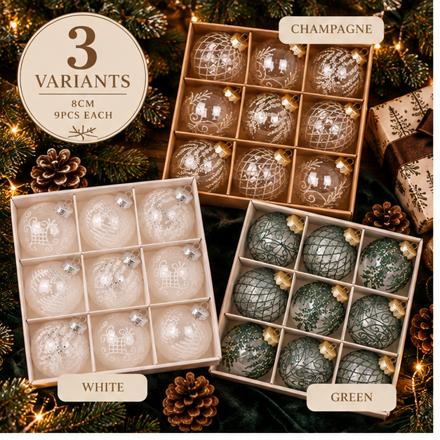 Velvet Christmas Bauble Set overview with Champagne, White and Green variants