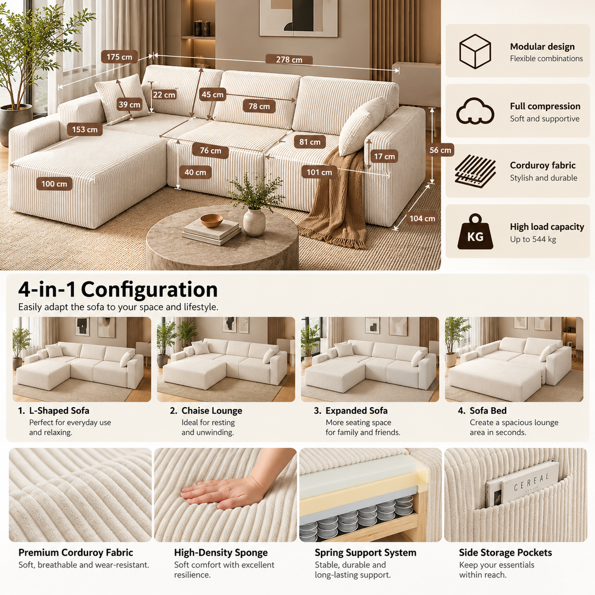 Cream corduroy modular sectional sofa product infographic with dimensions, four configurations, fabric, foam, spring support, side storage pockets and 544 kg load capacity.