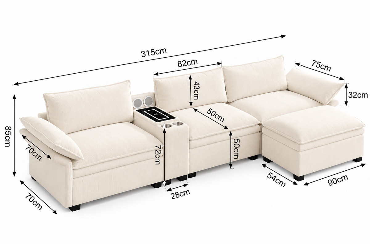 Cream sectional sofa with dimensions on a white background