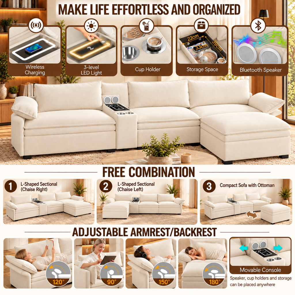 Cream sectional sofa features, modular configurations and adjustable backrests