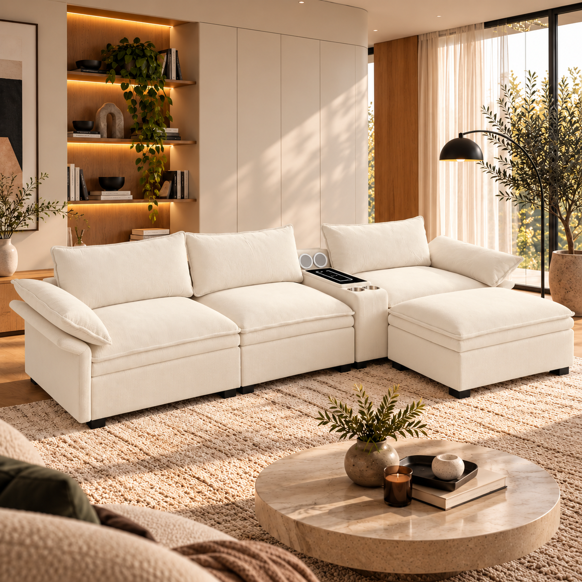 Cream sectional sofa with built-in console in a warm Scandinavian living room