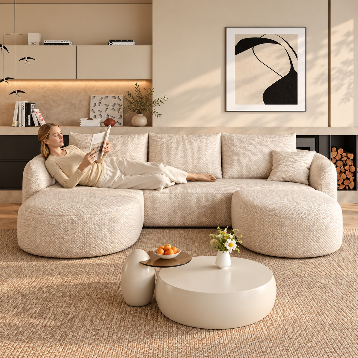 Cream bouclé modular sectional sofa in a warm modern living room with a woman relaxing and reading