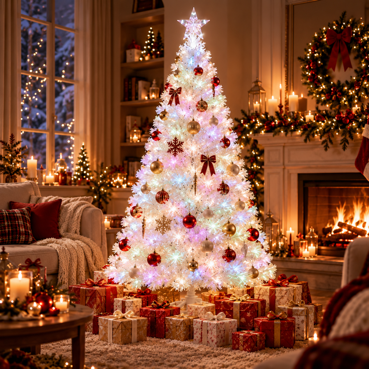 Glowing white fiber optic Christmas tree in a cozy festive living room