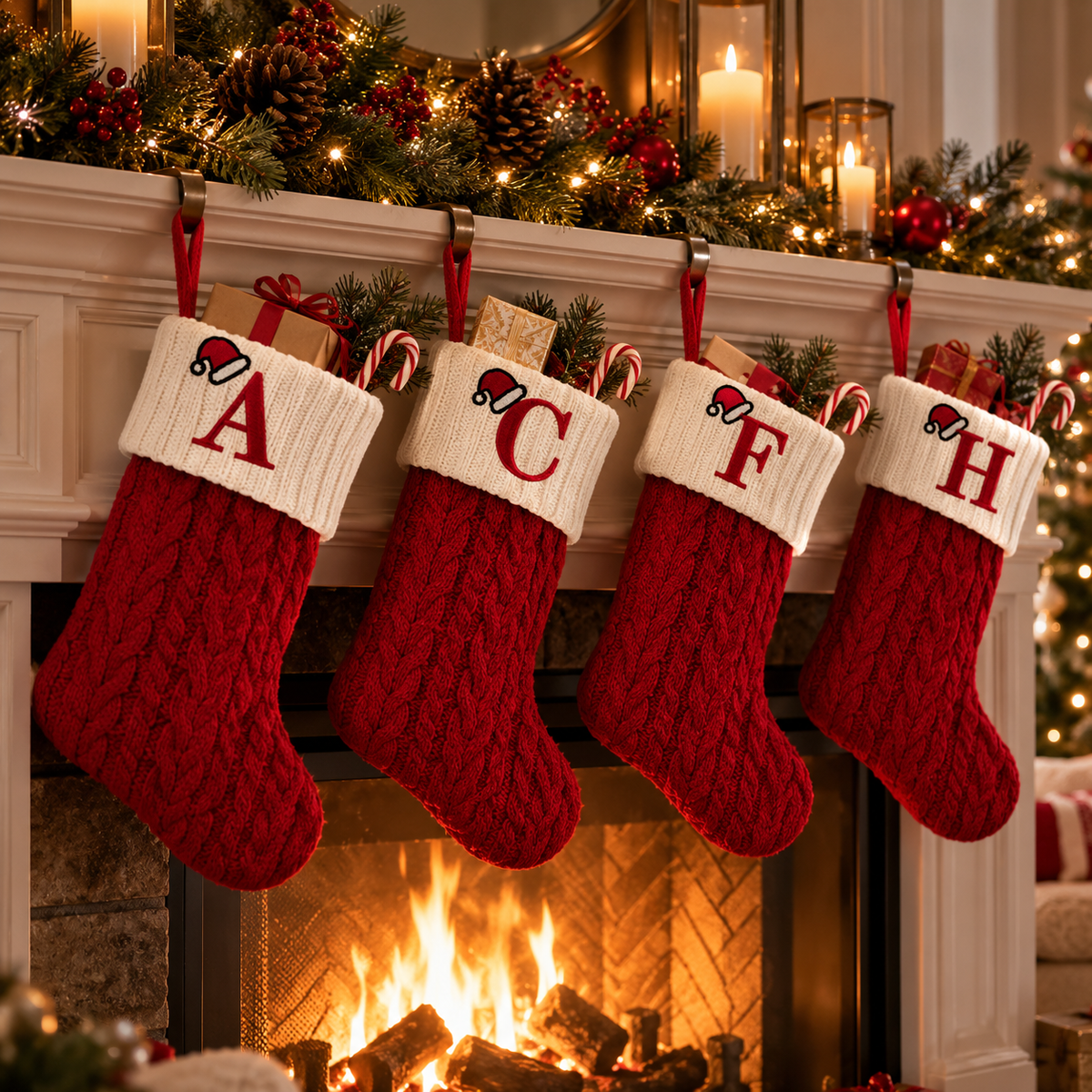 Four personalized red cable-knit Christmas stockings with different initials hanging above a warmly lit fireplace