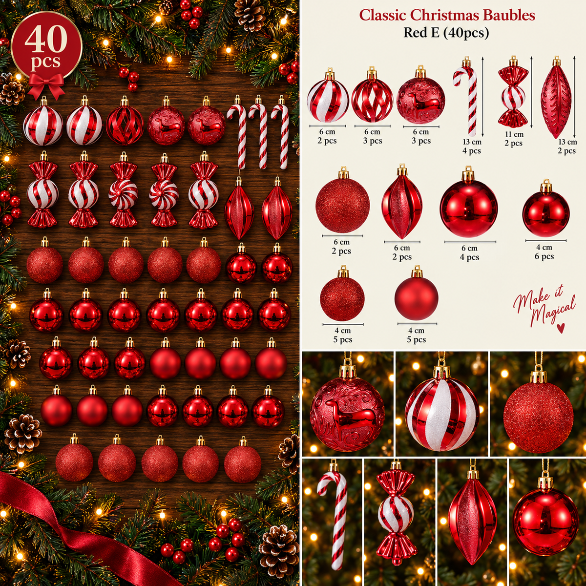 Classic Christmas Baubles Red E 40 piece professional product overview