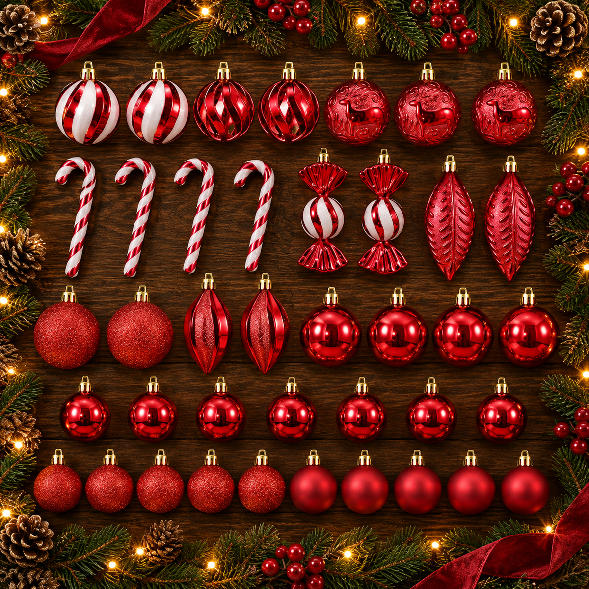 Classic Christmas Baubles Red E 40 piece set arranged on a table
