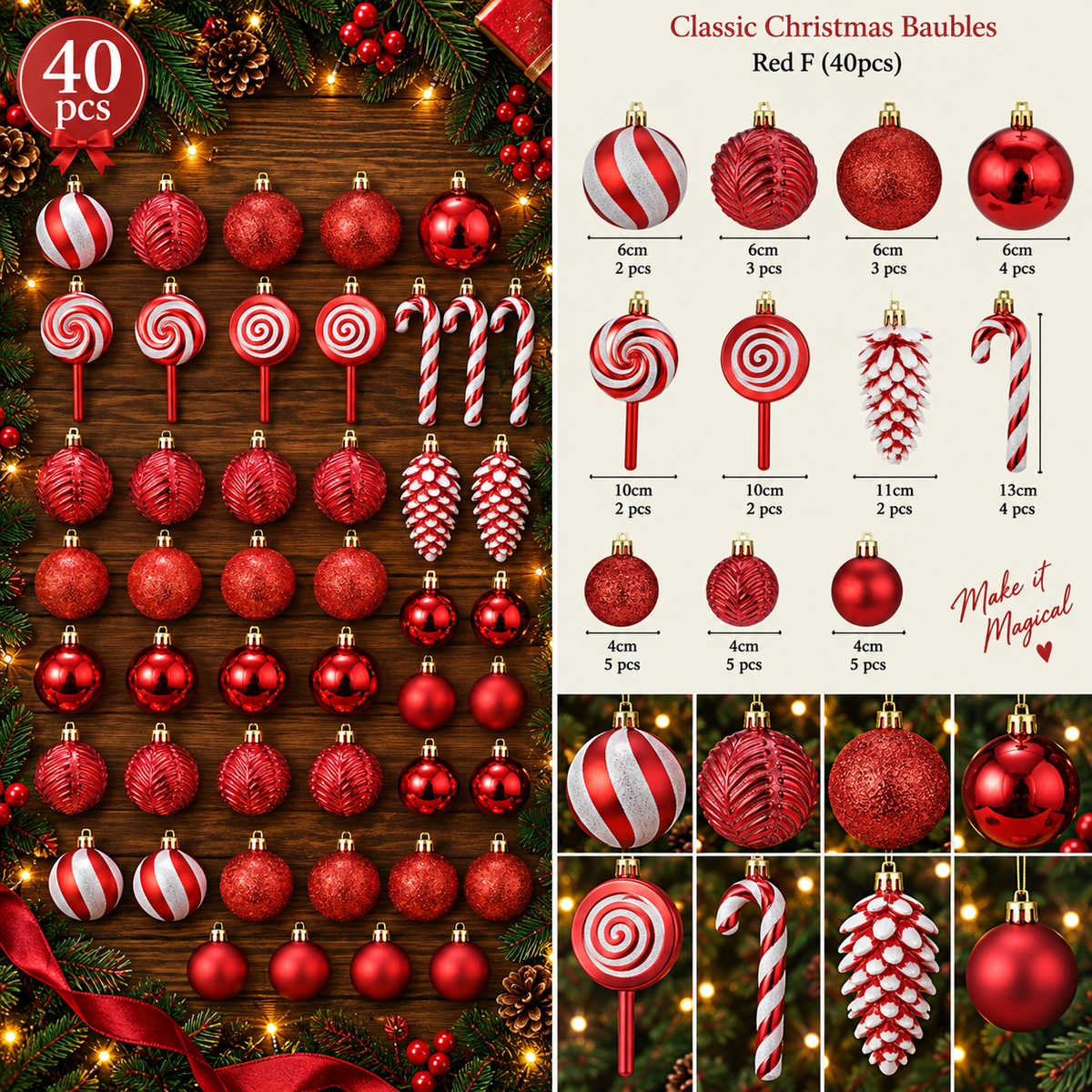 Classic Christmas Baubles Red F 40 piece professional product overview