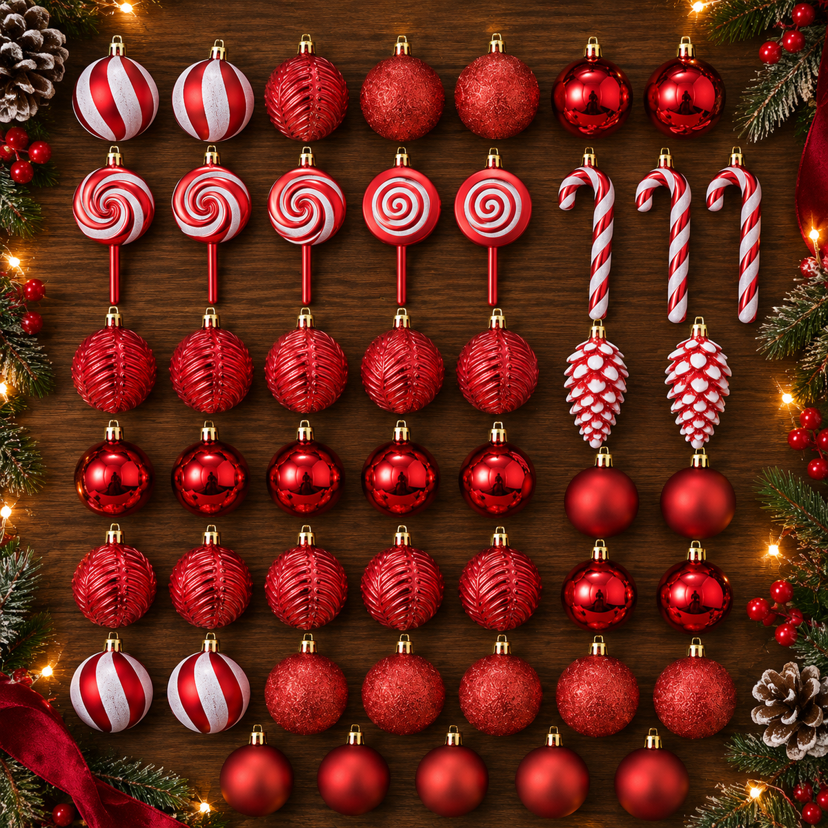 Classic Christmas Baubles Red F 40 piece set arranged on a table